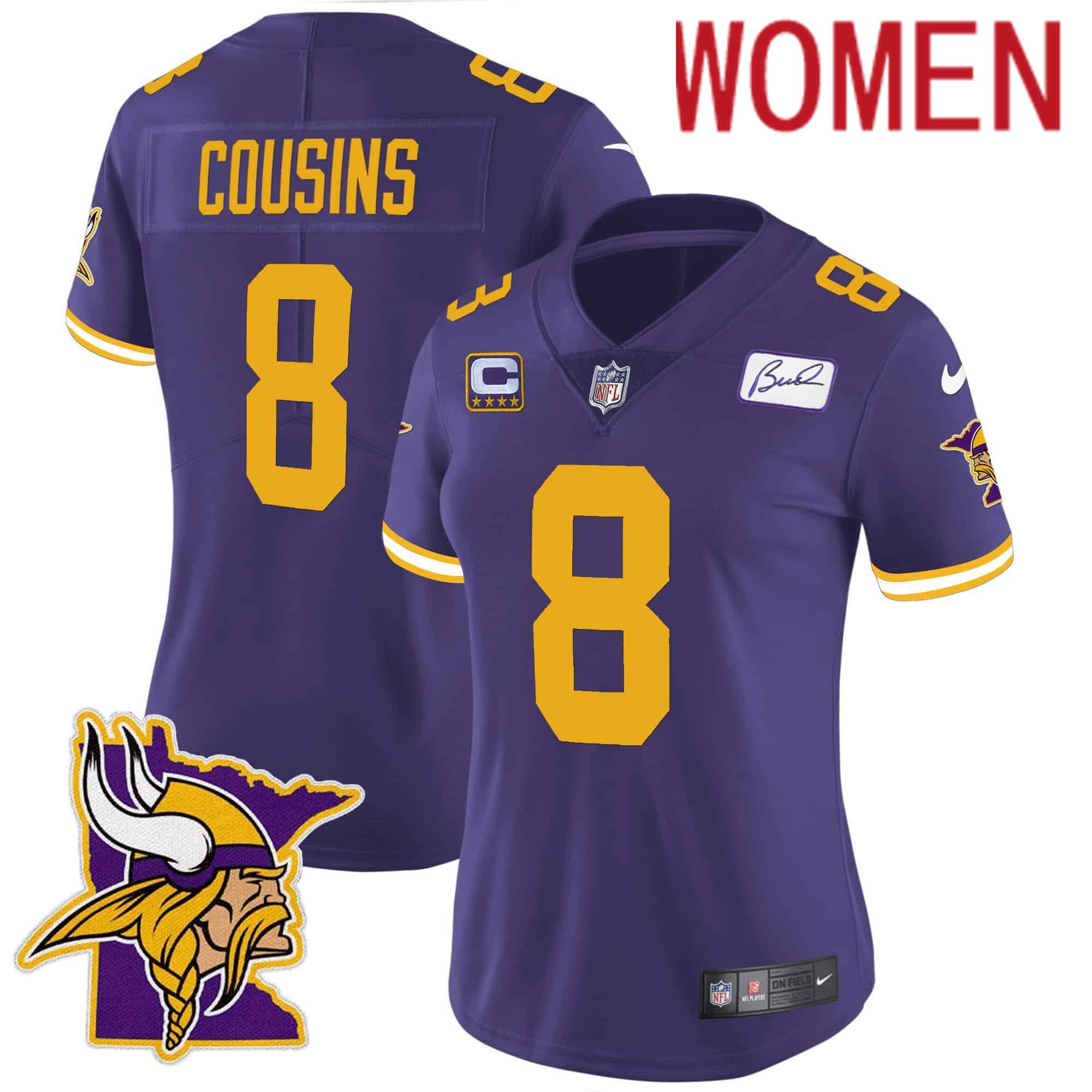 Women Minnesota Vikings #8 Cousins Purple 2024 Nike Patch Classic Limited NFL Jersey style 2